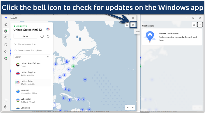 Screenshot showing how to check for updates on the NordVPN Windows app