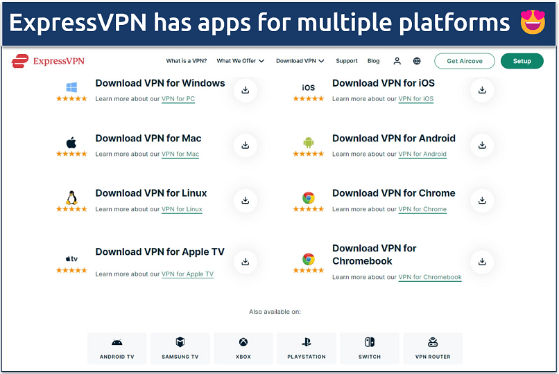 Screenshot showing all platforms that ExpressVPN supports