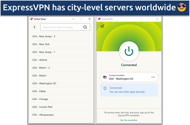 Screenshot showing some ExpressVPN server locations in the US