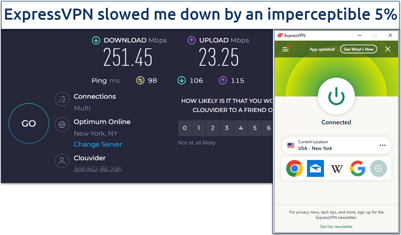 Screenshot showing speed test results with ExpressVPN connected to the New York server