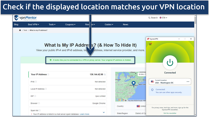 Screenshot showing vpnMentor's IP checker with ExpressVPN connected to a US server