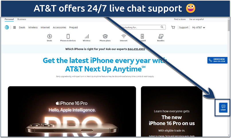 Screenshot of the AT&T homepage showing how to initiate chat with customer support