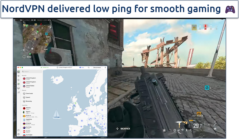 Screenshot of Warzone gameplay with NordVPN connected