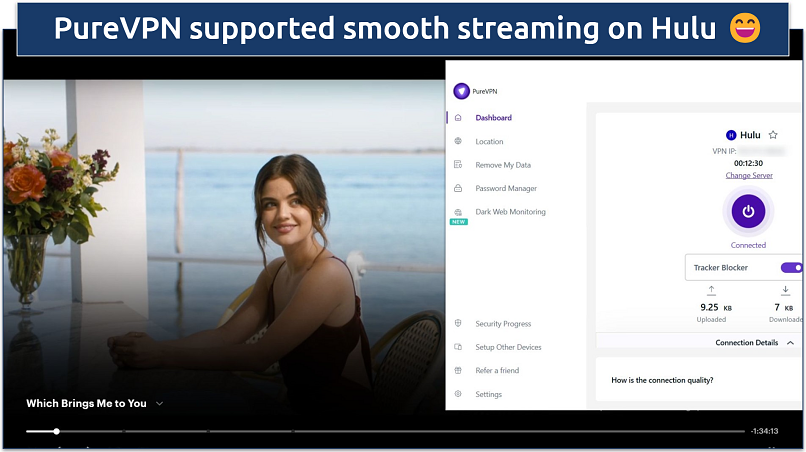 A screenshot of Hulu streaming Which Bring Me to You while connected to PureVPN's Hulu streaming-optimized server