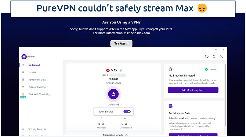 A screenshot showing Max flagged PureVPN usage