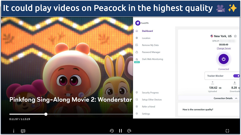 A screenshot of Peacock streaming Pinkfong Sing-Along Movie 2: Wonderstar while connected to PureVPN's US server