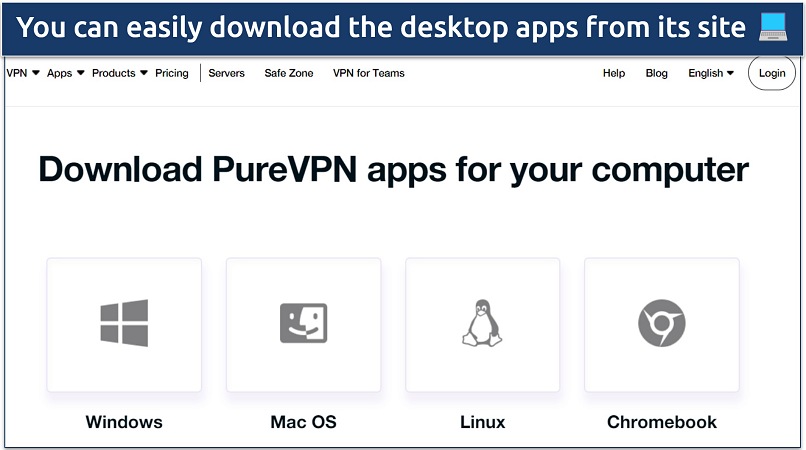 A screenshot showing PureVPN's download page along with some of the device supported by the VPN