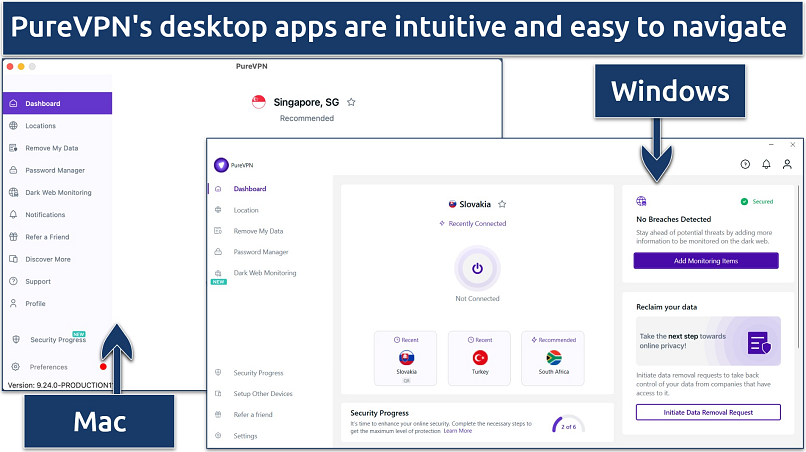 A screenshot of PureVPN's home screen on the Windows and Mac apps