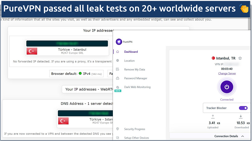 A screenshot showing PureVPN passed DNS, IP leak, and WebRTC tests