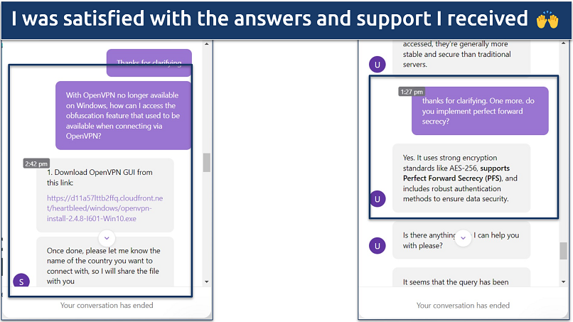 A screenshot showing PureVPN provides comprehensive answers and support to inquiries made