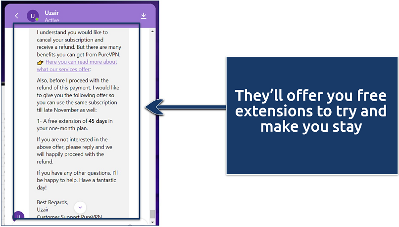 A screenshot showing you can cancel and seek a refund via PureVPN's live chat feature