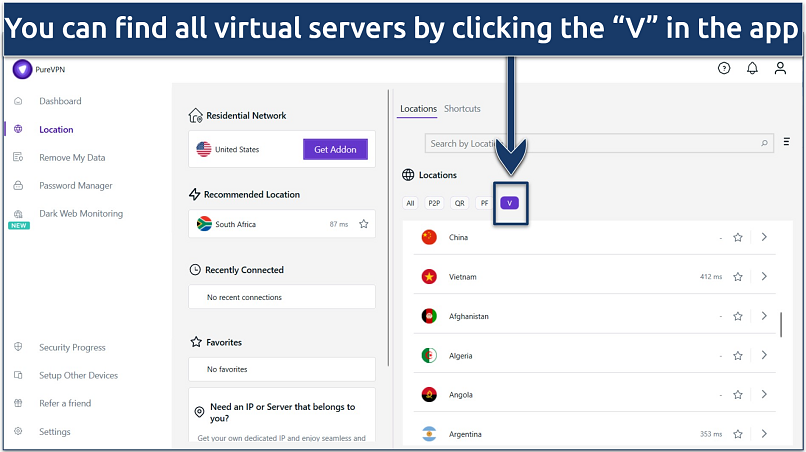 A screenshot showing  PureVPN's servers alongside shortcut features for P2P, quantum-resistant servers, port forwarding, and virtual servers within the Windows app