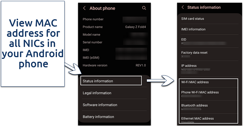 Screenshot showing MAC address for Android phone