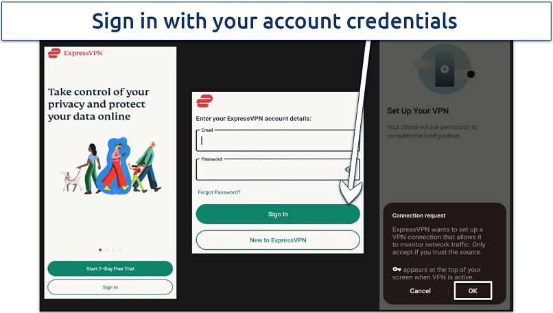 Screenshots showing installation of ExpressVPN on Android