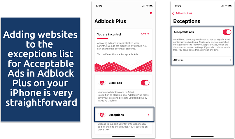 Screenshots of the Adblock Plus iPhone app