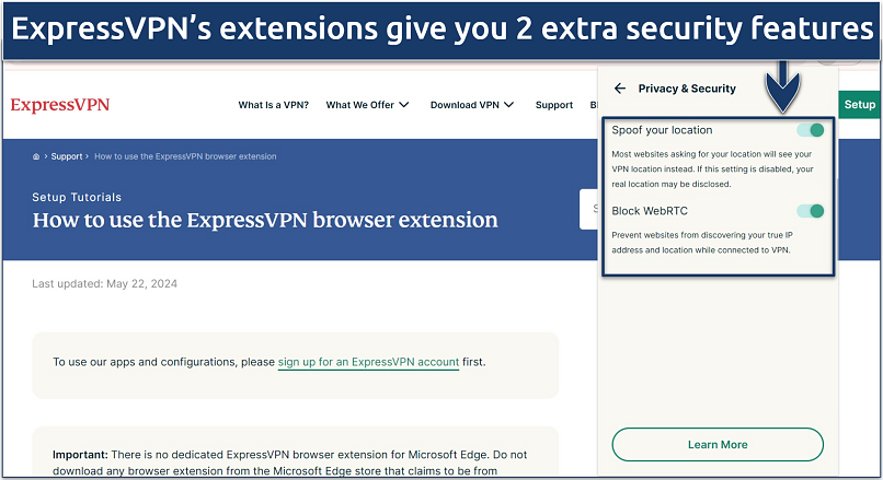 Screenshot of ExpressVPN's Chrome browser extension highlighting its Privacy & Security tab