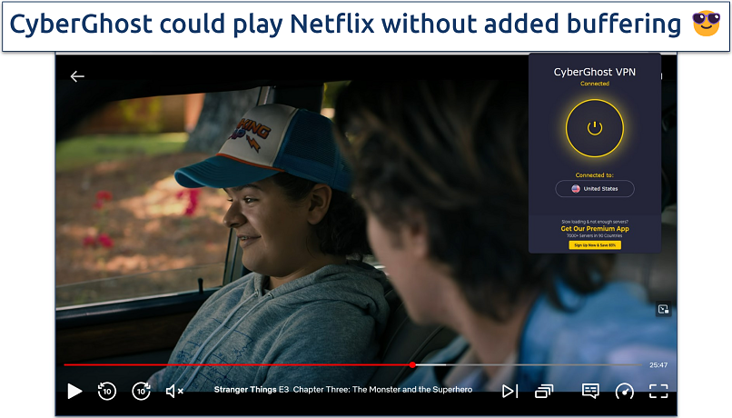 Screenshot of Netflix player streaming Stranger Things while connected to the CyberGhost Firefox extension's US server