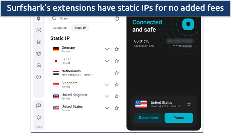 Screenshot of Surfshark's Chrome extension that's connected to a New York static IP