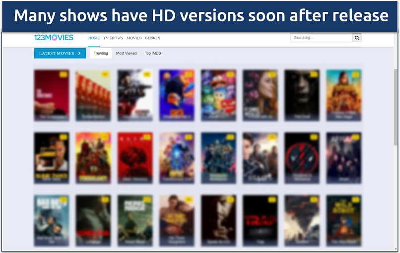 Screenshot of 123movies' homepage with its catalog of films