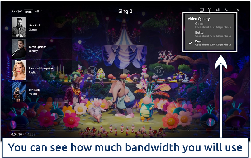 Screenshot of streaming Sing 2 on Amazon Freevee with its streaming quality options highlighted