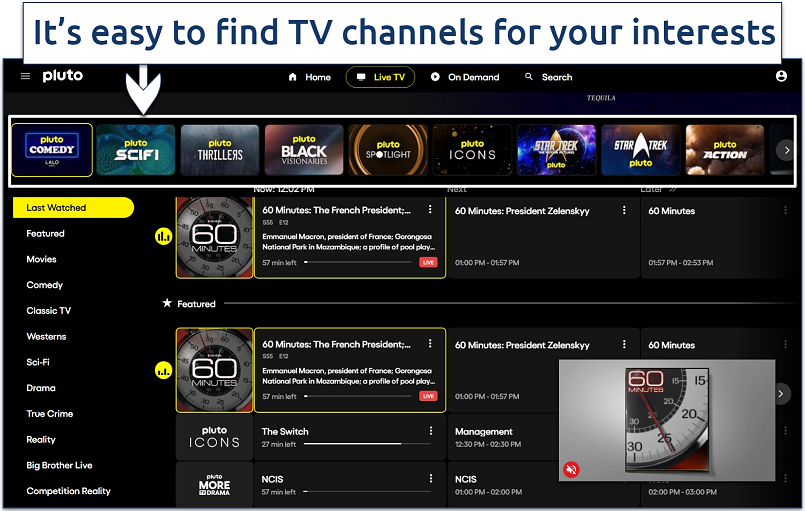 Screenshot of Pluto TV's selection of Live TV channels