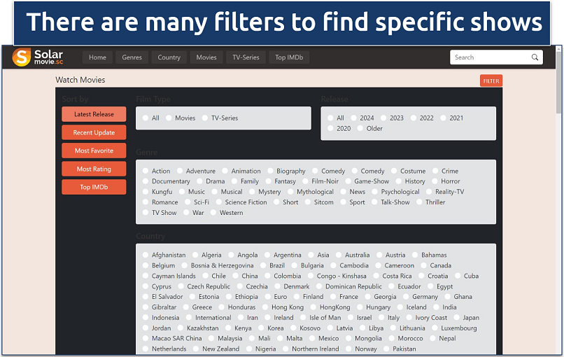 Screenshot of the SolarMovies advanced filter options