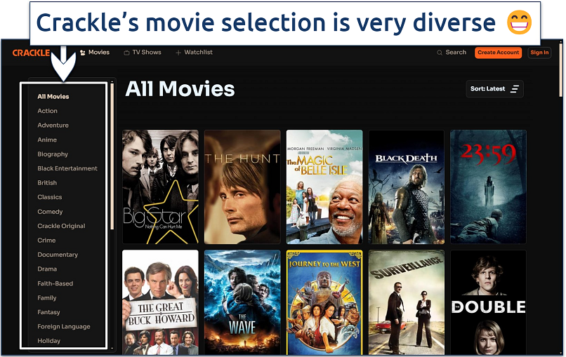 Screenshot of the movie categories on Sony Crackle