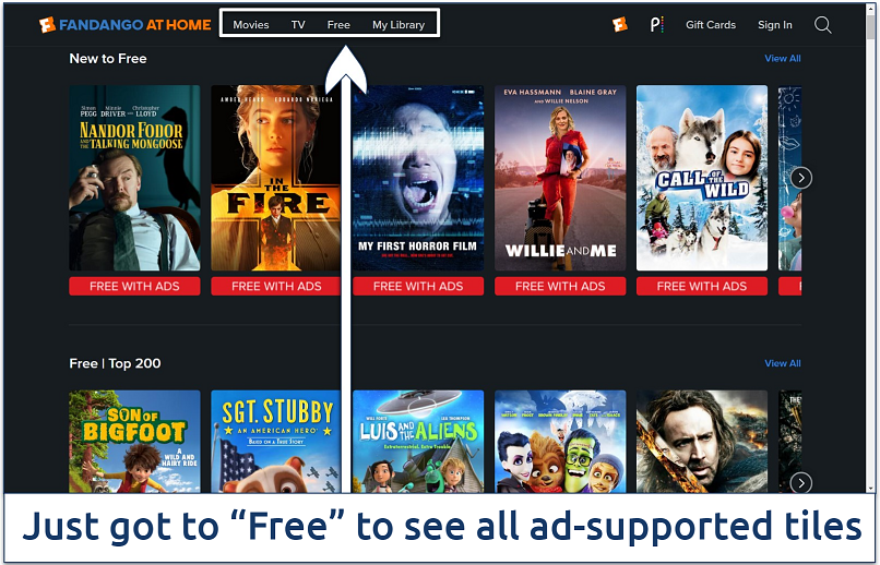 Screenshot of the free, ad-supported titles on Vudu