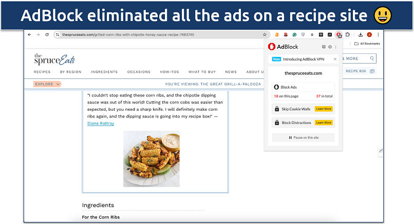 Screenshot of AdBlock removing ads on a recipe site