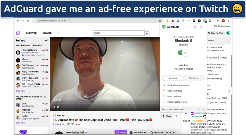 Screenshot of a Twitch stream with AdGuard blocking ads