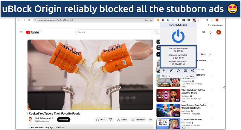 Screenshot of uBlock Origin blocking YT ads  