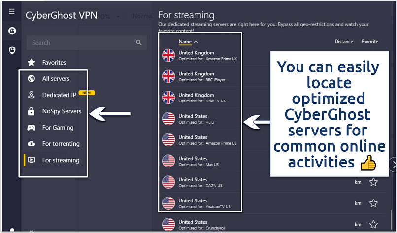 A screenshot of CyberGhost optimized servers for streaming