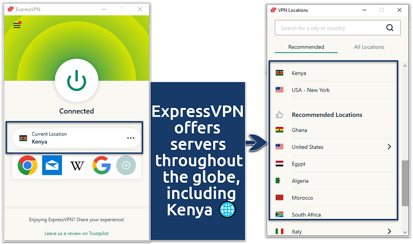 Screenshot of ExpressVPN app connected to Kenyan servers