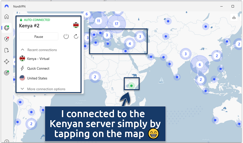 A screenshot of the NordVPN app showing global server locations including Kenya