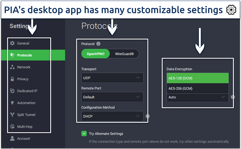 A screenshot of the PIA Windows app settings