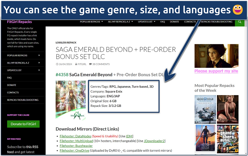 Screenshot of Saga Emerald Beyond on FitGirl Repacks with the repack details highlighted