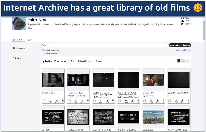 Screenshot of the Film Noir page on Internet Archive 