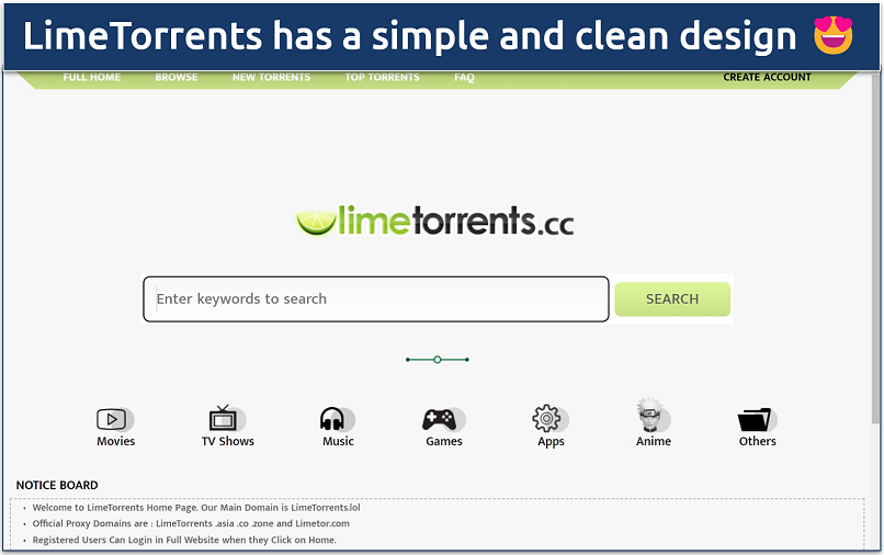 Screenshot of the LimeTorrents homepage