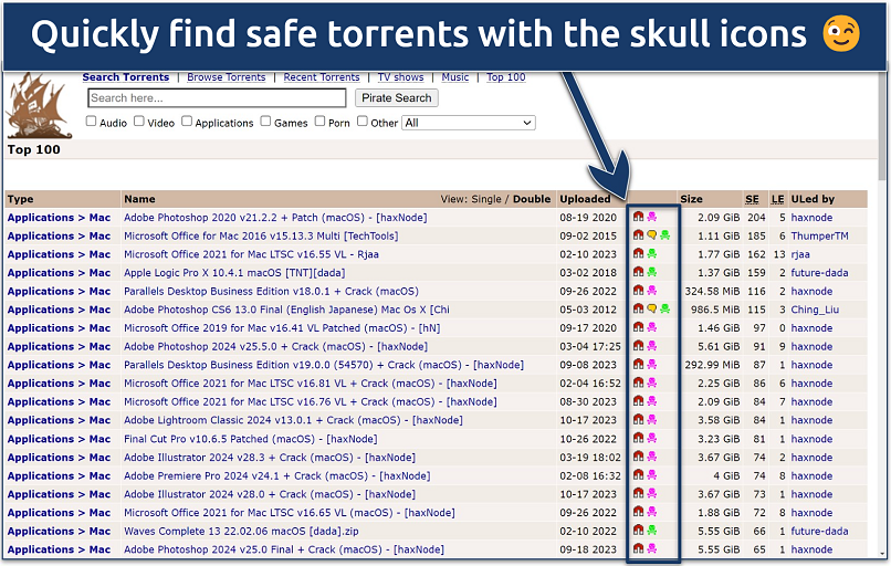 Screenshot of The Pirate Bay search result page with the 