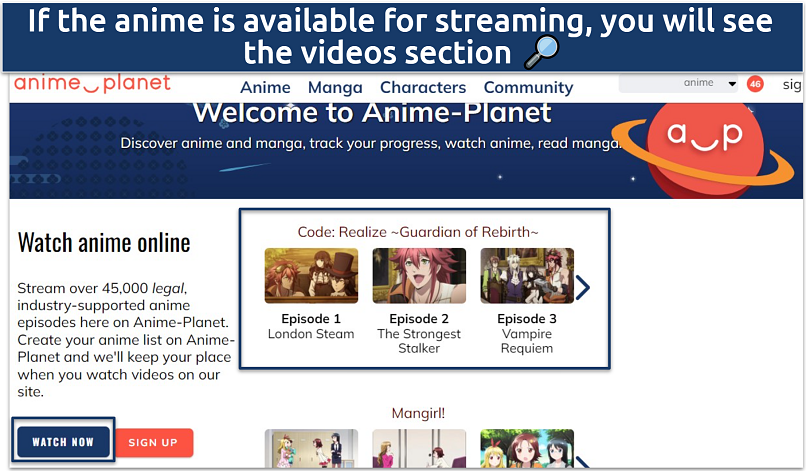 A screenshot of the Anime-Planet home page