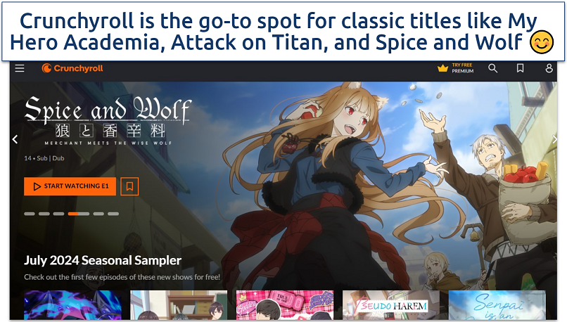 A screenshot of the Crunchyroll anime page