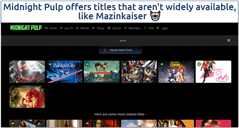 Screenshot of the Midnight Pulp anime titles