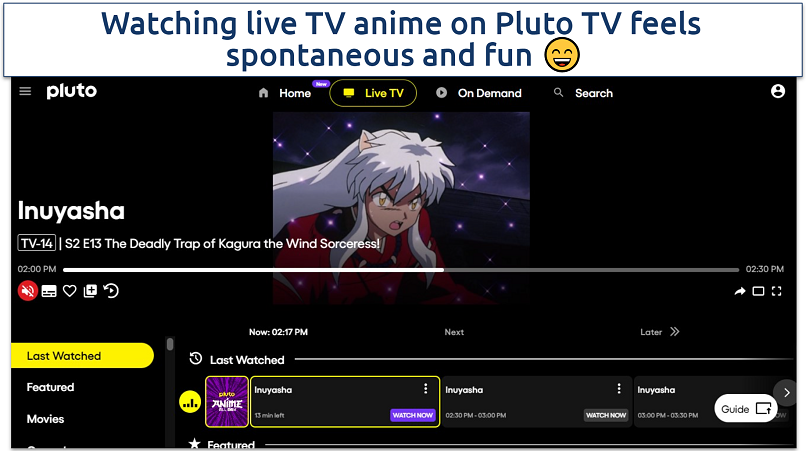  A screenshot of the Pluto TV anime live TV streaming