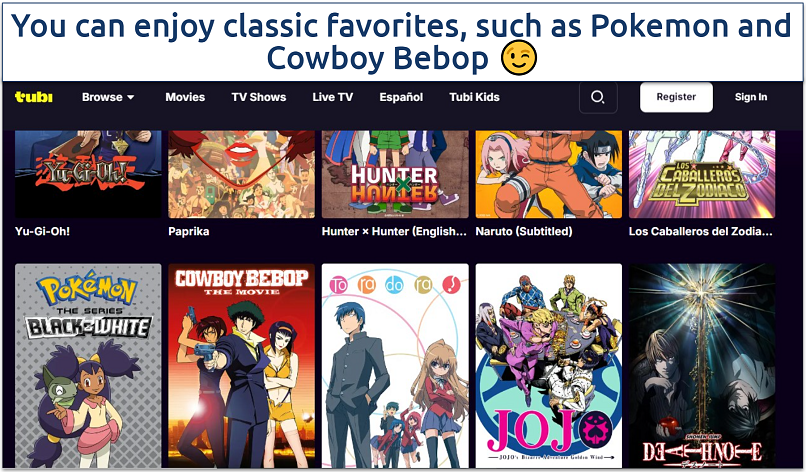 A screenshot of the Tubi anime content page