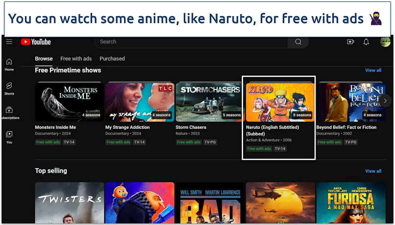 A screenshot of the YouTube free movies page