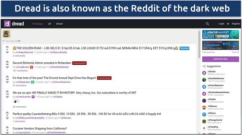 Image showing the landing page of the dread forum