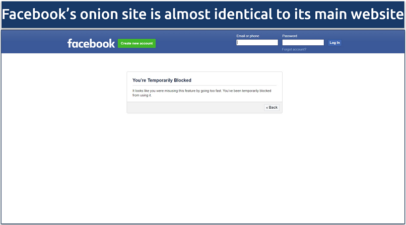 Image showing the landing page of facebook onion website