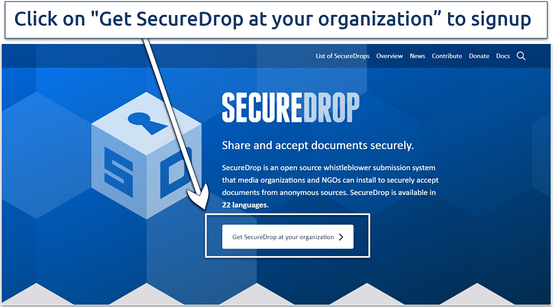 Image showing the landing page of SecureDrop onion website with Get SecureDrop button highlighted.