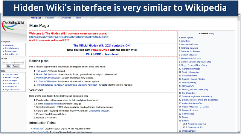 Image displaying the landing page of The Hidden Wiki
