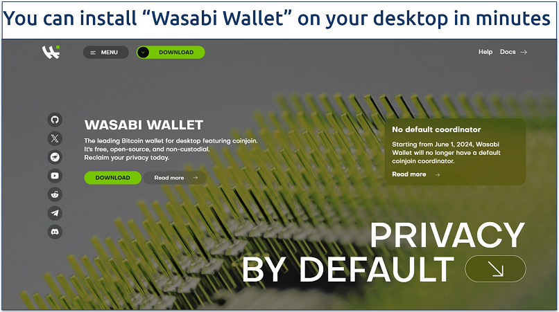 Image showing the landing page of Wasabi Wallet's onion website